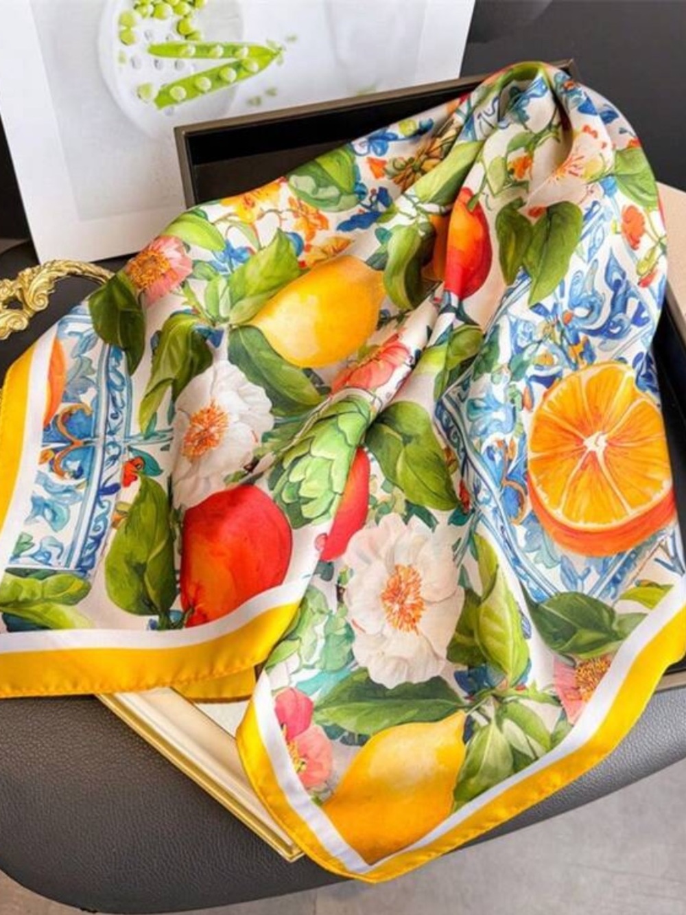 Elegant Citrus Bloom Square Scarf Luxury Resort Style Hair Neck Bag Scarf